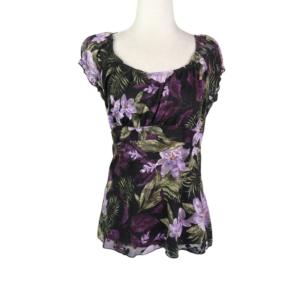 Vintage Y2K Only 9 Black and Purple Floral Lace Babydoll Top M